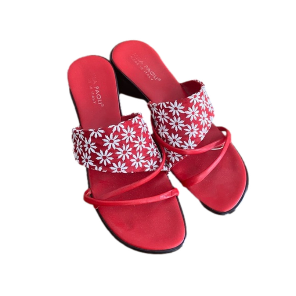 NWT Mila Paoili Soft Leather Wedge Sandal Red, White Daisies. (Reg. $80) 50% Off